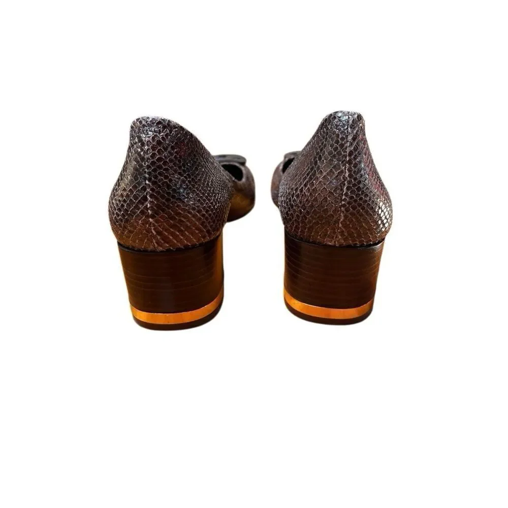 NWOB Tory Burch Amy Brown Snake Skin Leather Block Low Heels 10.5 US